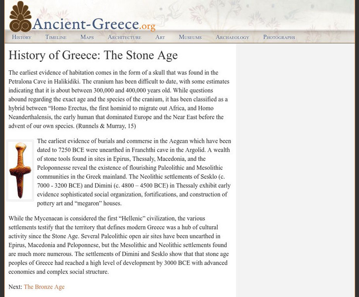 Ancient greece.org: History of Greece: The Stone Age Article