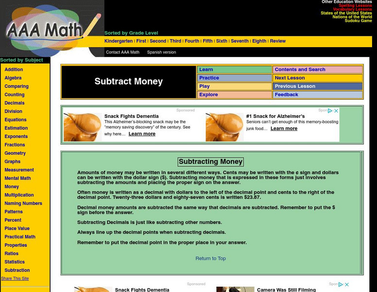 Aaa Math: Subtracting Money Unit Plan Aaa Math: Subtracting Money Unit Plan