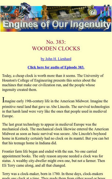 University of Houston: Engines of Our Ingenuity: No. 383: Wooden Clocks Article