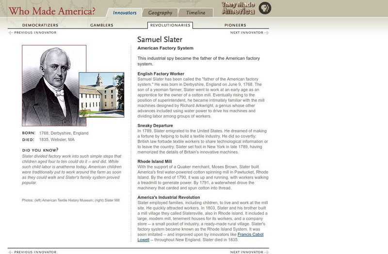 Pbs: Who Made America? Samuel Slater Unit Plan