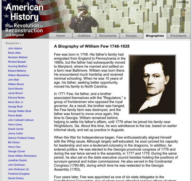 American History: Biographies: William Few 1748 1828 Handout American History: Biographies: William Few 1748 1828 Handout