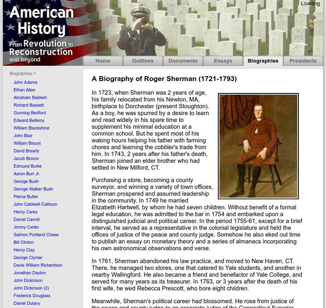 American History: Biographies: Roger Sherman (1721 1793) Handout American History: Biographies: Roger Sherman (1721 1793) Handout