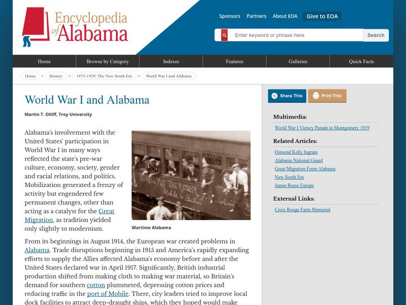 Encyclopedia of Alabama: History: World War I and Alabama Handout