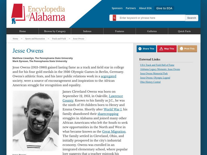 Encyclopedia of Alabama: Sports and Recreation: Jesse Owens Handout