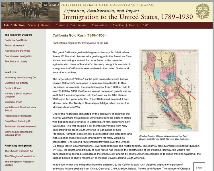 Harvard Univ.: Immigration to Us, 1789 1930: California Gold Rush (1848 1858) Handout Harvard Univ.: Immigration to Us, 1789 1930: California Gold Rush (1848 1858) Handout