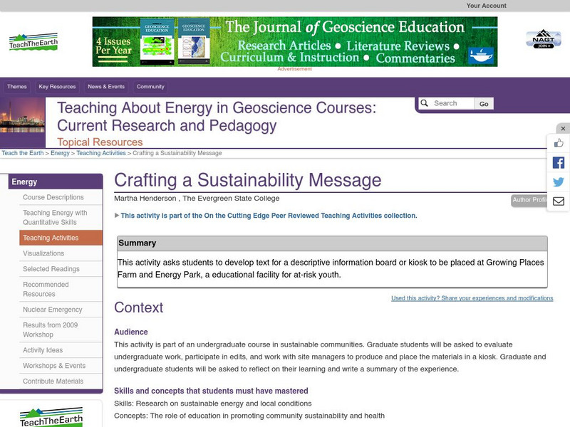 Serc: Crafting a Sustainability Message Lesson Plan Serc: Crafting a Sustainability Message Lesson Plan