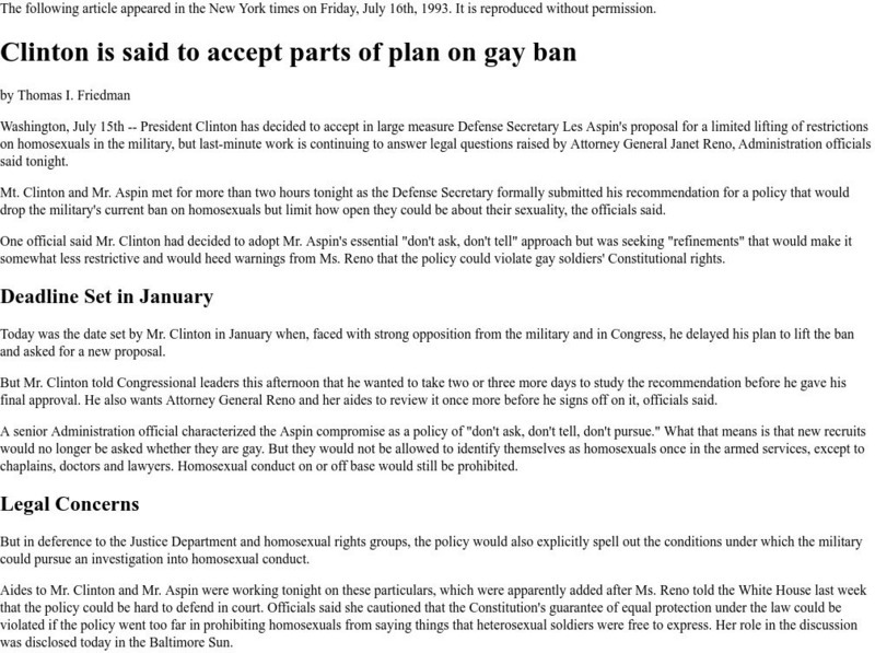 Ny Times: Clinton Accepts Parts of Plan on Gay Ban Article Ny Times: Clinton Accepts Parts of Plan on Gay Ban Article