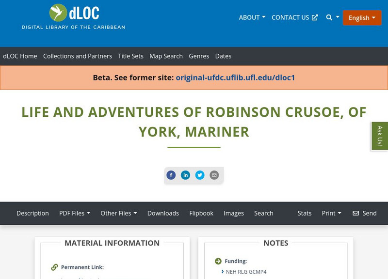 Baldwin Library: The Adventures of Robinson Crusoe, of York, Mariner by Defoe Primary