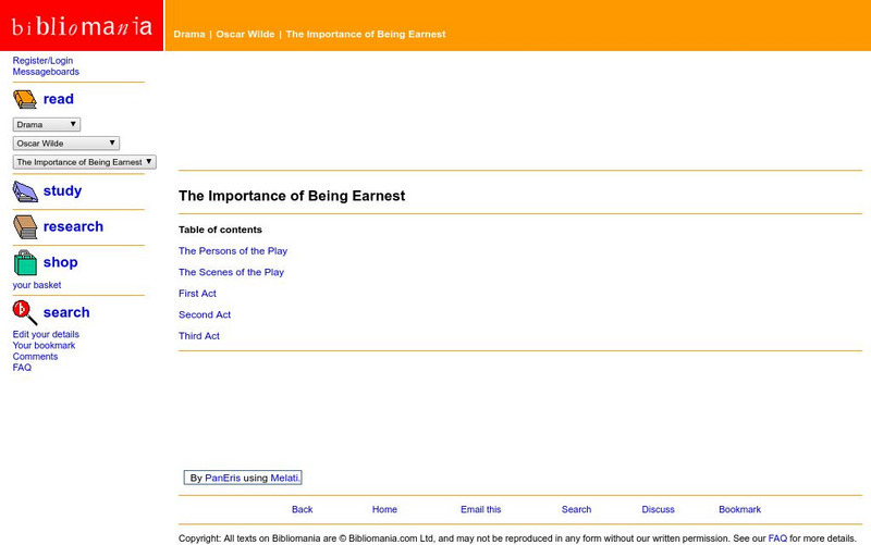 Bibliomania: Oscar Wilde Importance of Being Earnest Handout Bibliomania: Oscar Wilde Importance of Being Earnest Handout