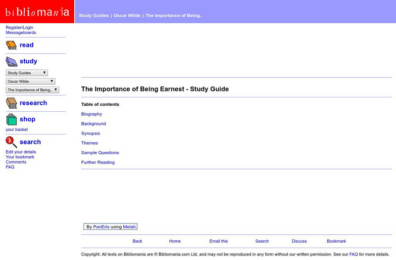 Bibliomania: The Importance of Being Earnest (Guide) Handout Bibliomania: The Importance of Being Earnest (Guide) Handout