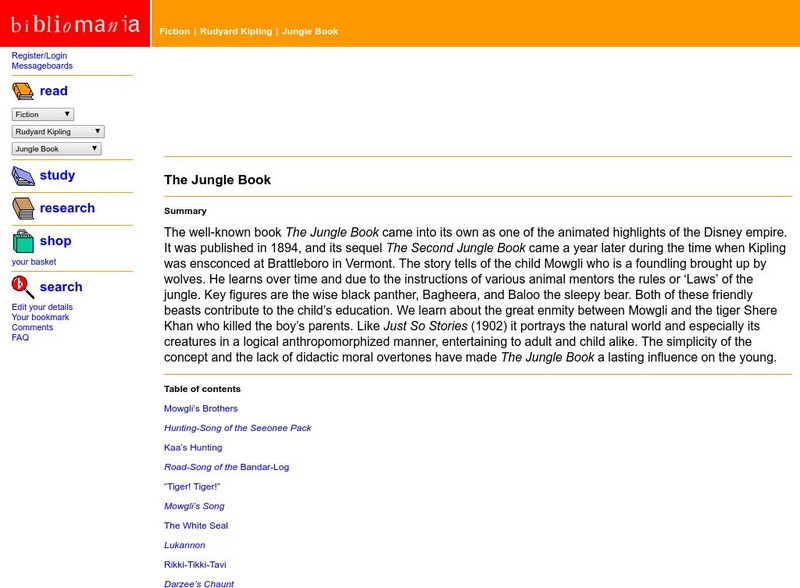 Bibliomania: "The Jungle Book" by Kipling (Full Text) Handout Bibliomania: "The Jungle Book" by Kipling (Full Text) Handout