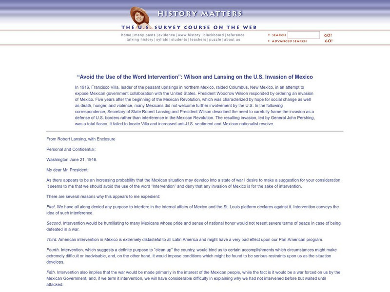 History Matters: Wilson and Lansing on the u.s. Invasion of Mexico Primary History Matters: Wilson and Lansing on the u.s. Invasion of Mexico Primary