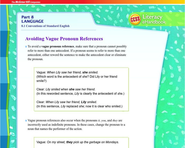 Mc Graw Hill: Conventions of Standard English: Avoiding Vague Pronoun References Unit Plan Mc Graw Hill: Conventions of Standard English: Avoiding Vague Pronoun References Unit Plan