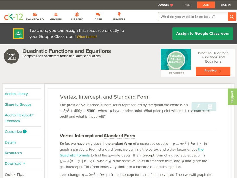 Ck 12: Algebra: Quadratic Functions and Equations Unit Plan Ck 12: Algebra: Quadratic Functions and Equations Unit Plan