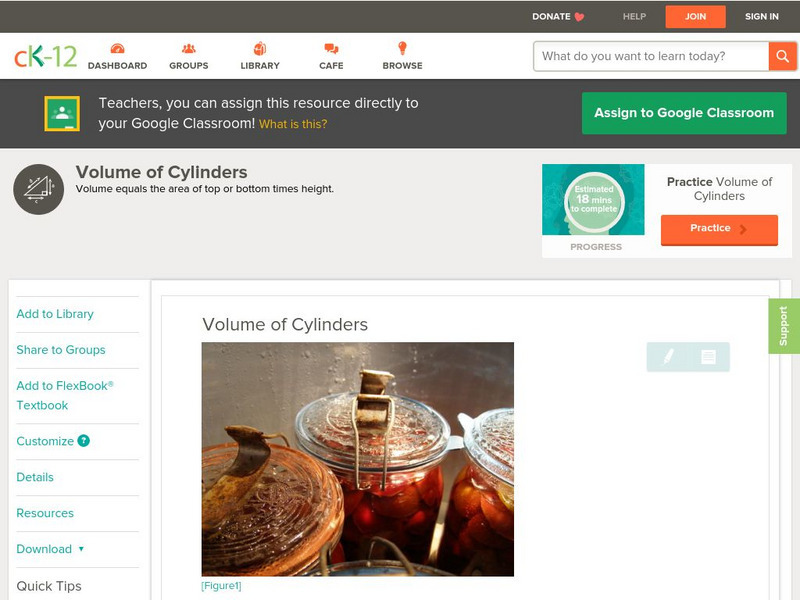 Ck 12: Geometry: Volume of Cylinders Grade 8 Unit Plan Ck 12: Geometry: Volume of Cylinders Grade 8 Unit Plan