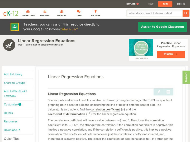 Ck 12: Statistics: Linear Regression Equations Unit Plan Ck 12: Statistics: Linear Regression Equations Unit Plan