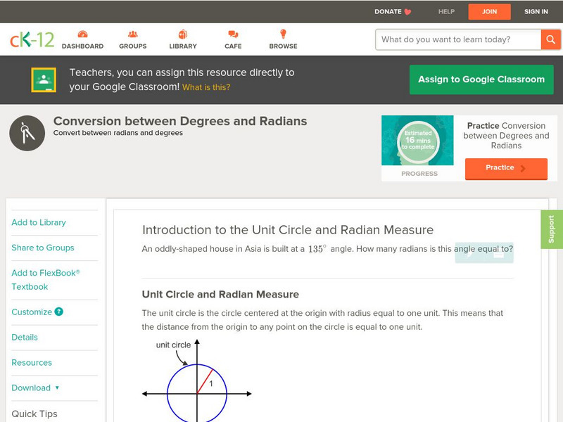 Ck 12: Trigonometry: Conversion Between Degrees and Radians Unit Plan Ck 12: Trigonometry: Conversion Between Degrees and Radians Unit Plan