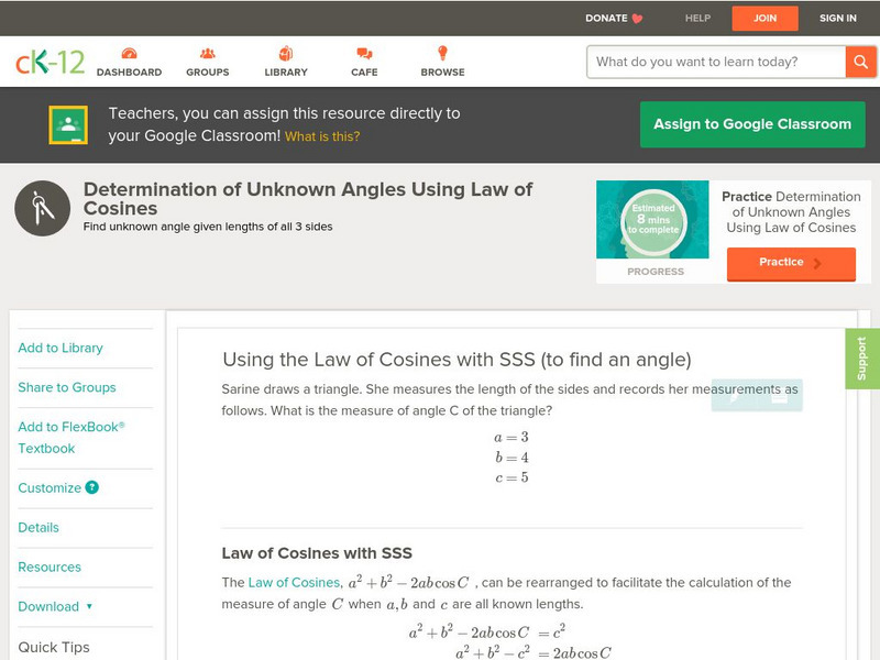 Ck 12: Determination of Unknown Angles Using Law of Cosines Unit Plan Ck 12: Determination of Unknown Angles Using Law of Cosines Unit Plan