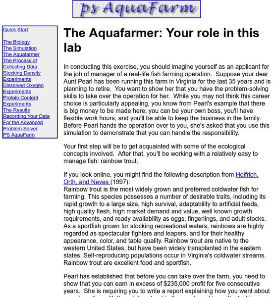Alverno College: Ps Aqua Farm: The Aquafarmer: Your Role in This Lab Activity Alverno College: Ps Aqua Farm: The Aquafarmer: Your Role in This Lab Activity