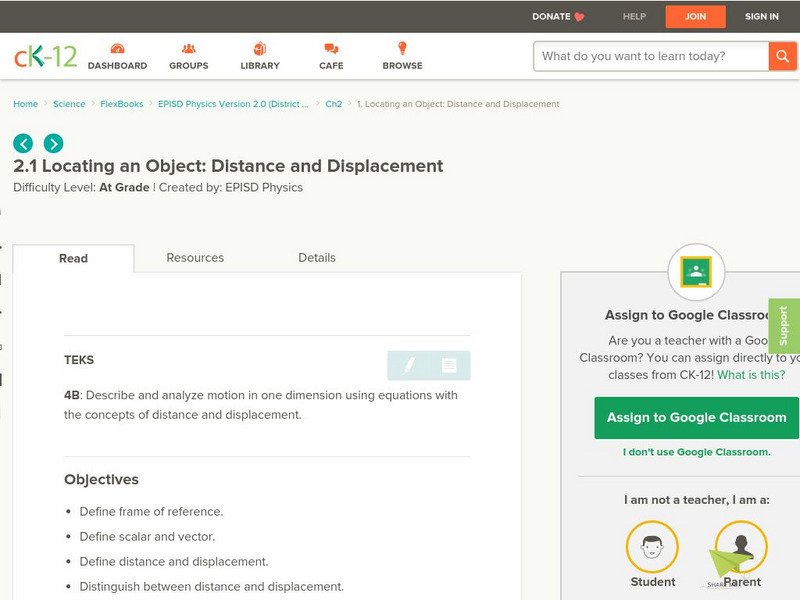 Ck 12: Episd: Locating an Object: Distance and Displacement Unit Plan Ck 12: Episd: Locating an Object: Distance and Displacement Unit Plan