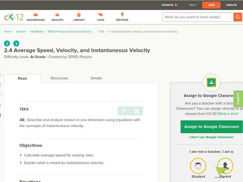 Ck 12: Episd: Average Speed, Velocity, and Instantaneous Velocity Unit Plan