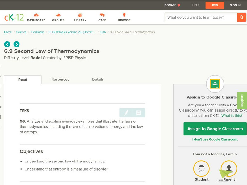 Ck 12: Second Law of Thermodynamics Unit Plan Ck 12: Second Law of Thermodynamics Unit Plan