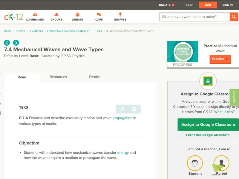 Ck 12: Mechanical Waves and Wave Types Unit Plan Ck 12: Mechanical Waves and Wave Types Unit Plan