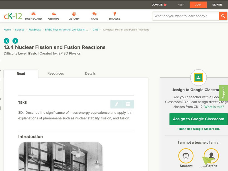 Ck 12: Nuclear Fission and Fusion Reactions Unit Plan Ck 12: Nuclear Fission and Fusion Reactions Unit Plan