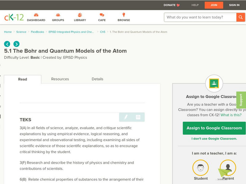 Ck 12: The Bohr and Quantum Models of the Atom Unit Plan Ck 12: The Bohr and Quantum Models of the Atom Unit Plan