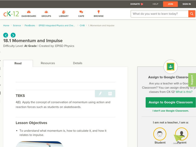 Ck 12: Momentum and Impulse Unit Plan Ck 12: Momentum and Impulse Unit Plan