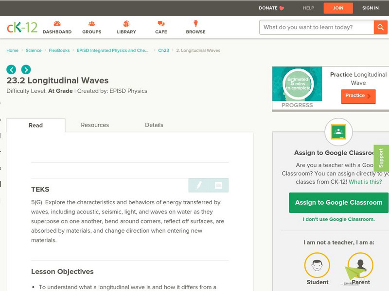 Ck 12: Longitudinal Waves Unit Plan Ck 12: Longitudinal Waves Unit Plan