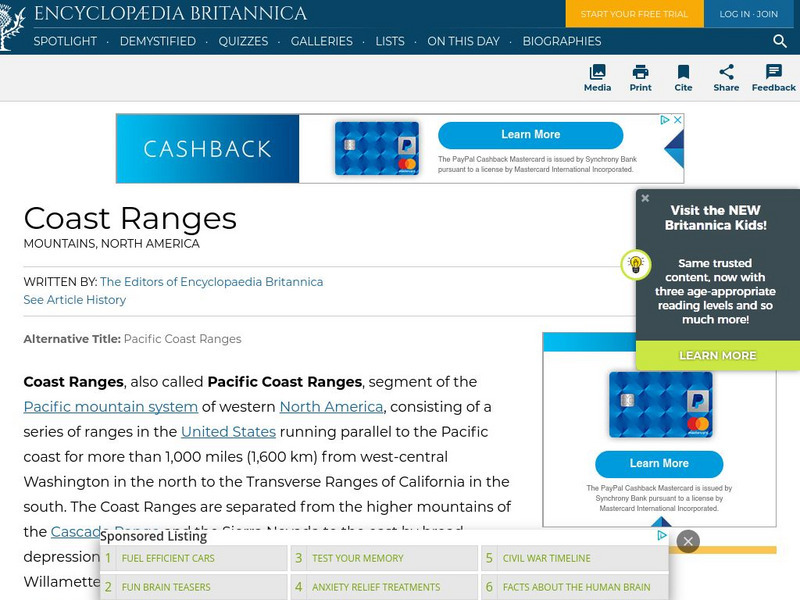 Encyclopedia Britannica: Coast Ranges Handout Encyclopedia Britannica: Coast Ranges Handout