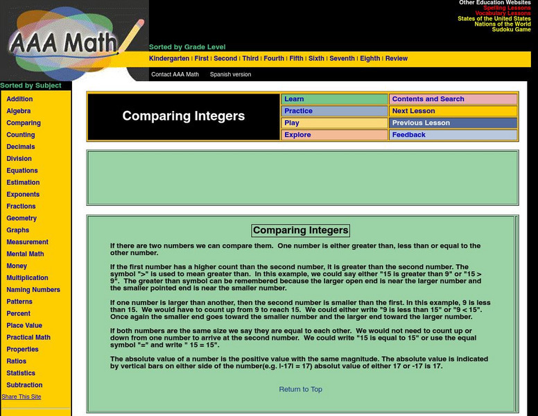 Aaa Math: Comparing Integers Activity