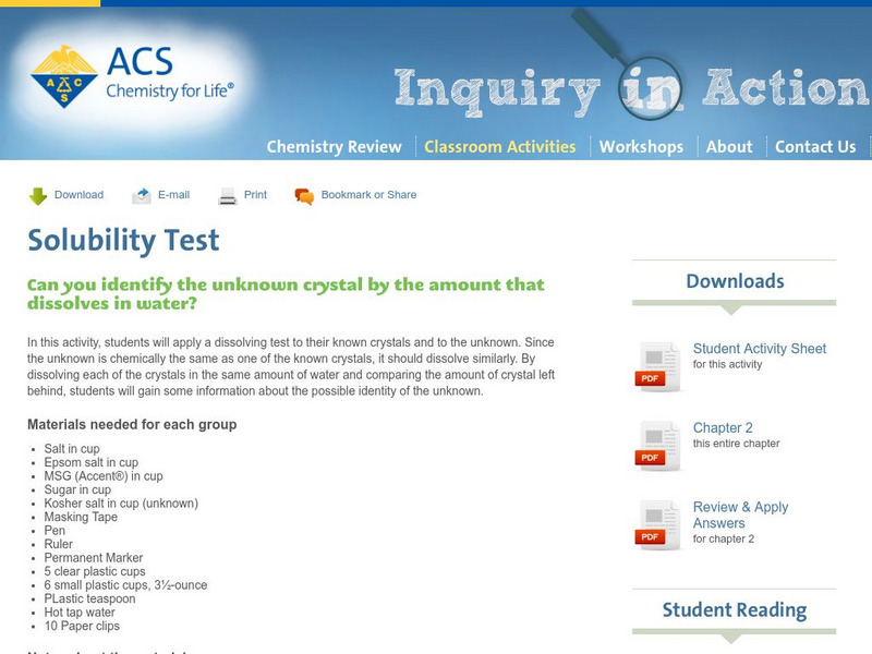 Inquiry in Action: Solubility Test Activity Inquiry in Action: Solubility Test Activity