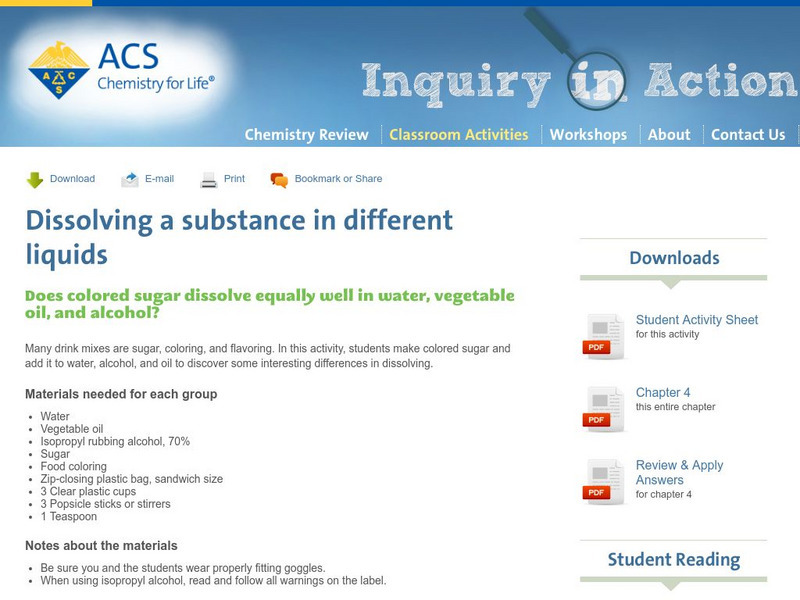 Inquiry in Action: Dissolving a Substance in Different Liquids Activity Inquiry in Action: Dissolving a Substance in Different Liquids Activity