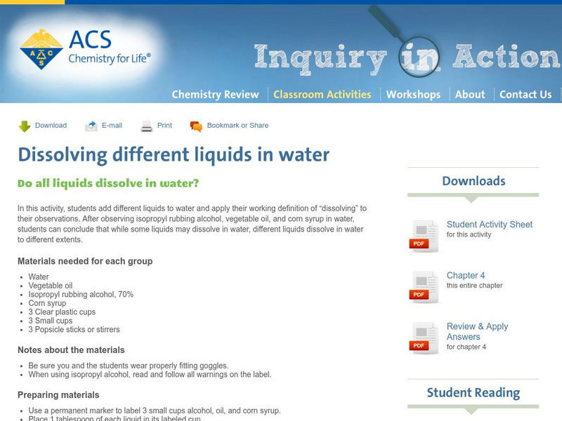 Inquiry in Action: Dissolving Different Liquids in Water Activity Inquiry in Action: Dissolving Different Liquids in Water Activity
