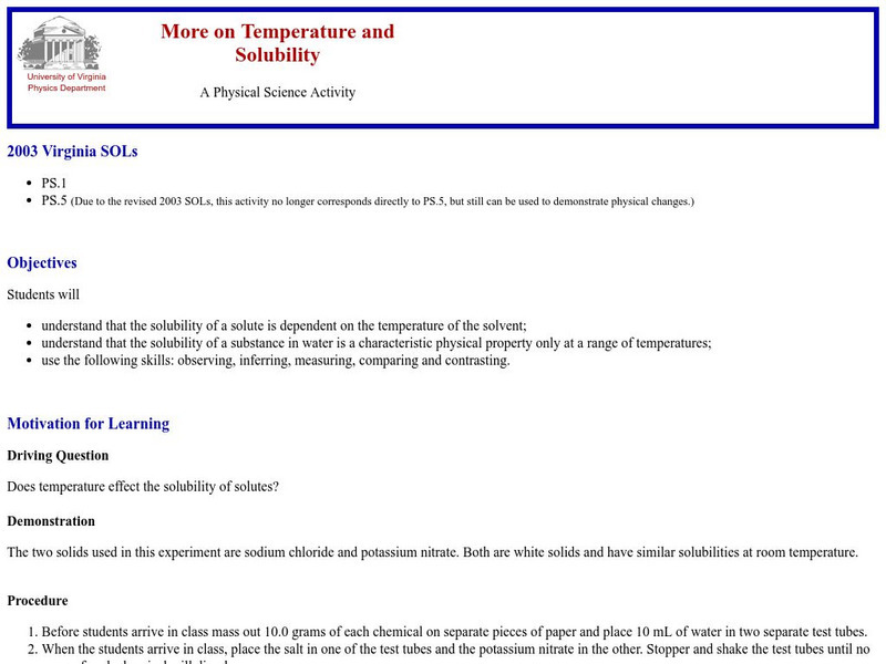 University of Virginia: More on Temperature and Solubility Lesson Plan University of Virginia: More on Temperature and Solubility Lesson Plan