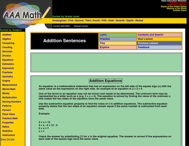 Aaa Math: Complete a Numerical Sentence: Addition Activity Aaa Math: Complete a Numerical Sentence: Addition Activity