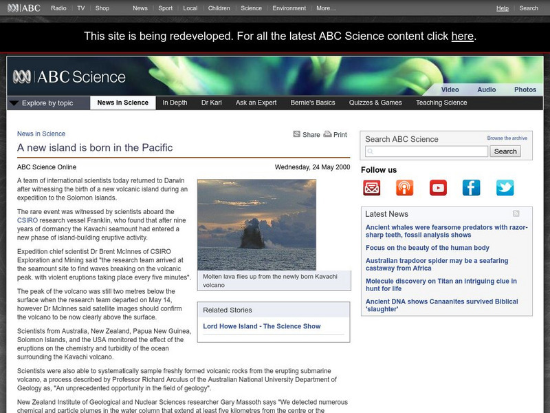 Australian Broadcasting Corporation: News in Science: A New Island Is Born in the Pacific Article Australian Broadcasting Corporation: News in Science: A New Island Is Born in the Pacific Article