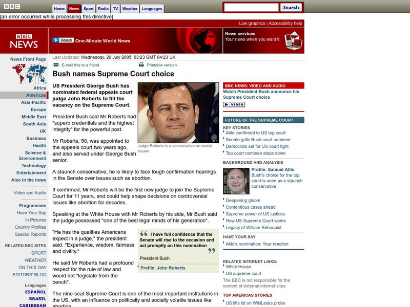 Bbc: Bush Names Supreme Court Choice Handout Bbc: Bush Names Supreme Court Choice Handout