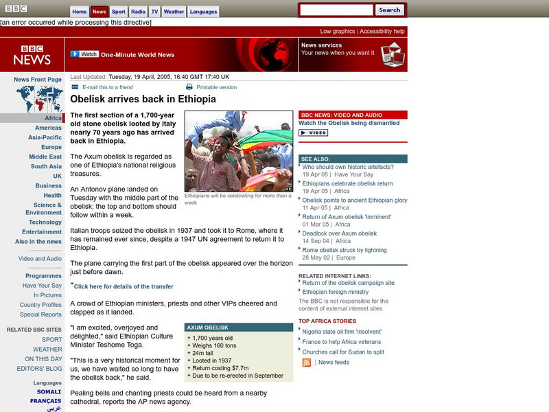 Bbc News: Obelisk Arrives Back in Ethiopia Website Bbc News: Obelisk Arrives Back in Ethiopia Website