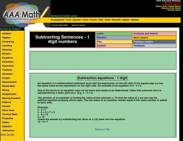 Aaa Math: Complete a Numerical Sentence Subtraction Activity Aaa Math: Complete a Numerical Sentence Subtraction Activity