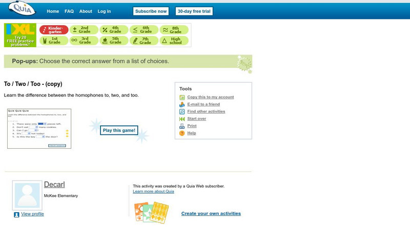 Quia: To / Two / Too Unknown Type Quia: To / Two / Too Unknown Type