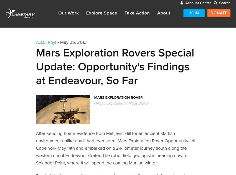 Mars Exploration Rovers Special Update: Opportunity's Findings at Endeavour Article