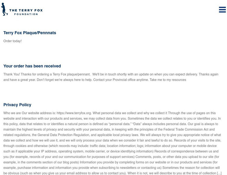 The Terry Fox Foundation: Terry Fox Website