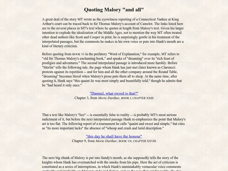 University of Virginia: Quoting Malory [Twain Connection] Website