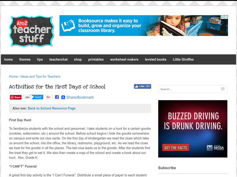 First Days of School Activities Lesson Plan First Days of School Activities Lesson Plan