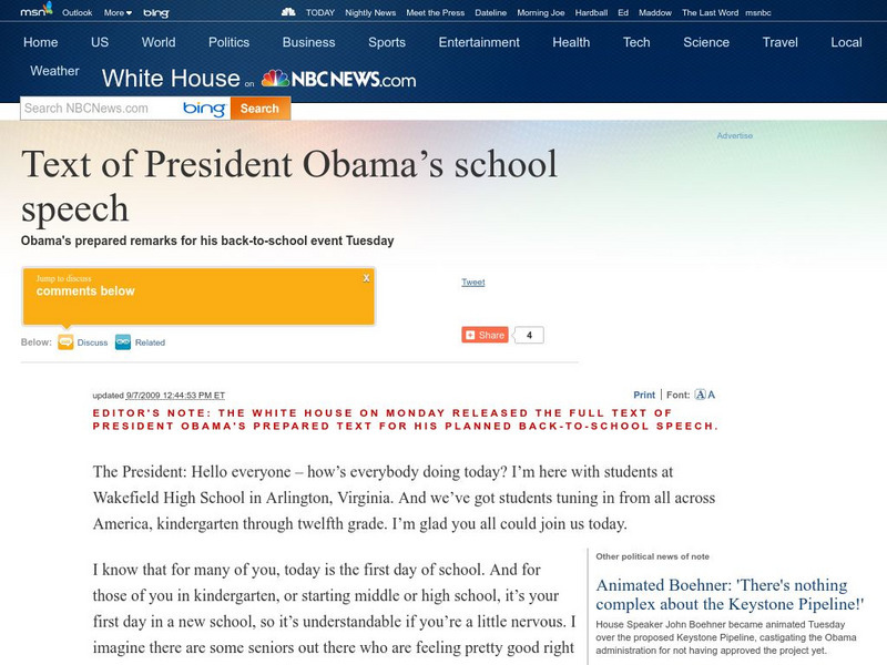 Nbc News: Text of President Obama's School Speech Primary Nbc News: Text of President Obama's School Speech Primary