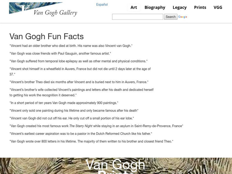 Van Gogh Gallery: Vincent Van Gogh: Fun Facts Handout Van Gogh Gallery: Vincent Van Gogh: Fun Facts Handout