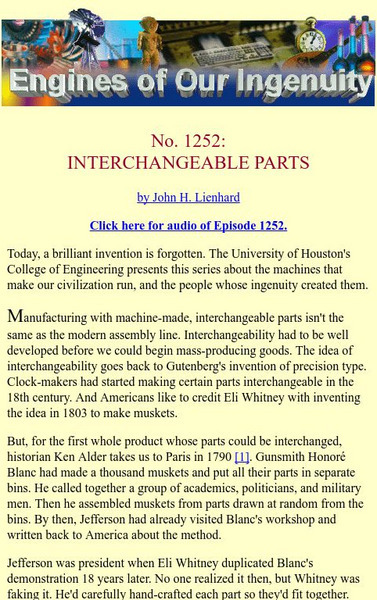 University of Houston: Engines of Our Ingenuity: No. 1252: Interchangeable Parts Article